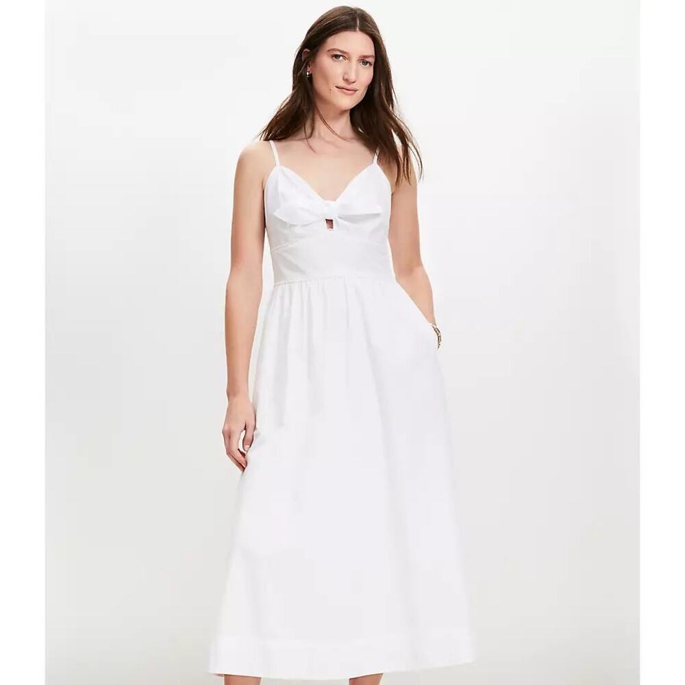 NWT Loft Poplin Tie Midi Pocket Dress Women's Size 0 White 100% Cotton Coastal